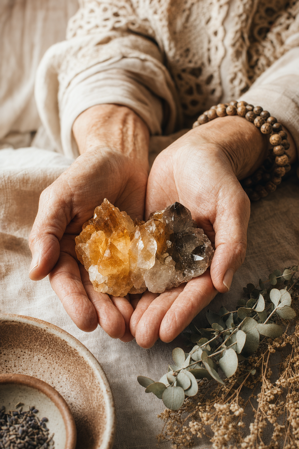 Hands cradling a cluster of citrine and smoky quartz crystals