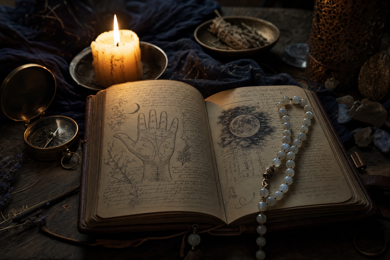 An open journal with palmistry notes, moonstone beads, and a lit candle