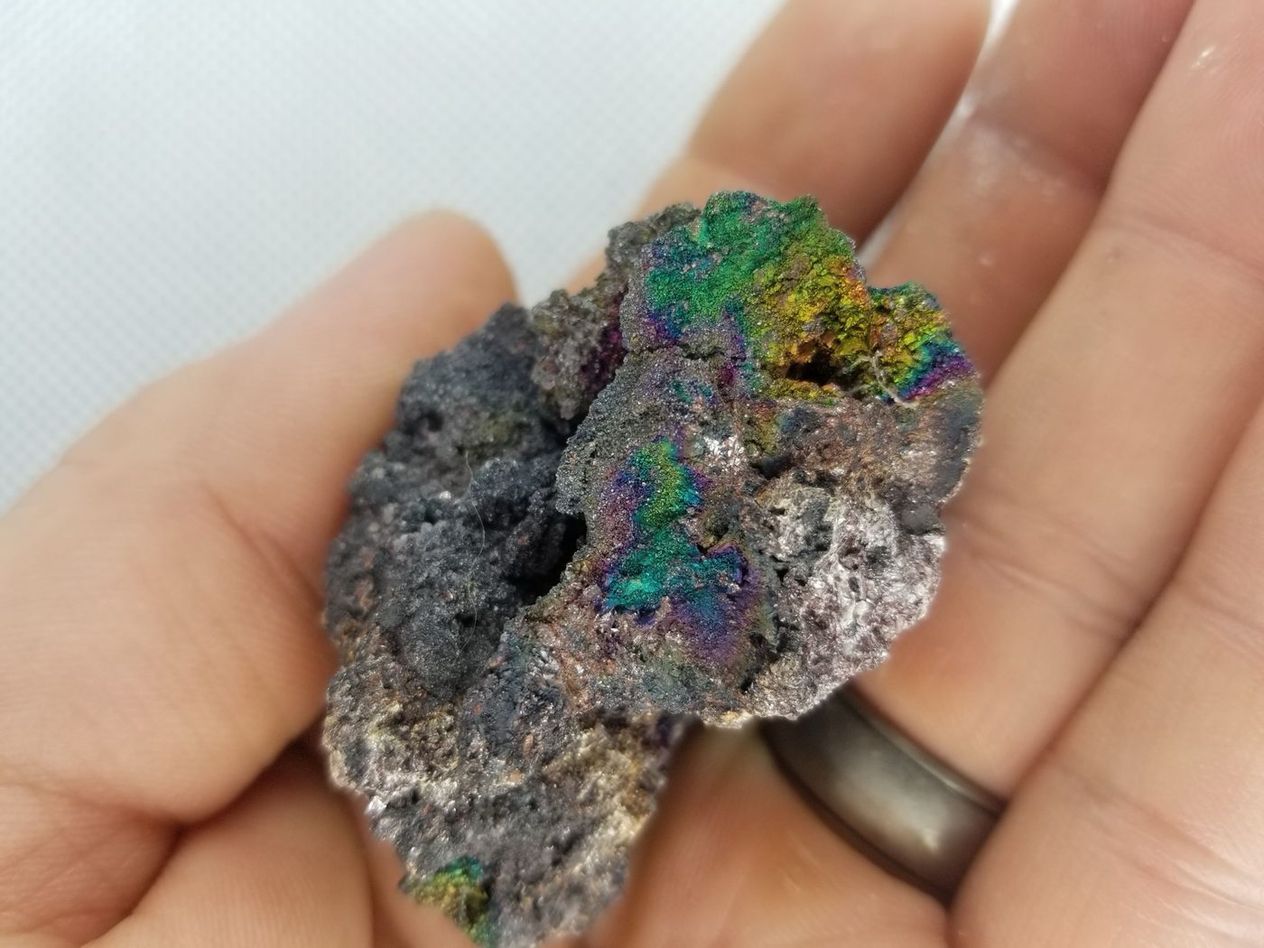 A hand holding an iridescent chalcopyrite specimen