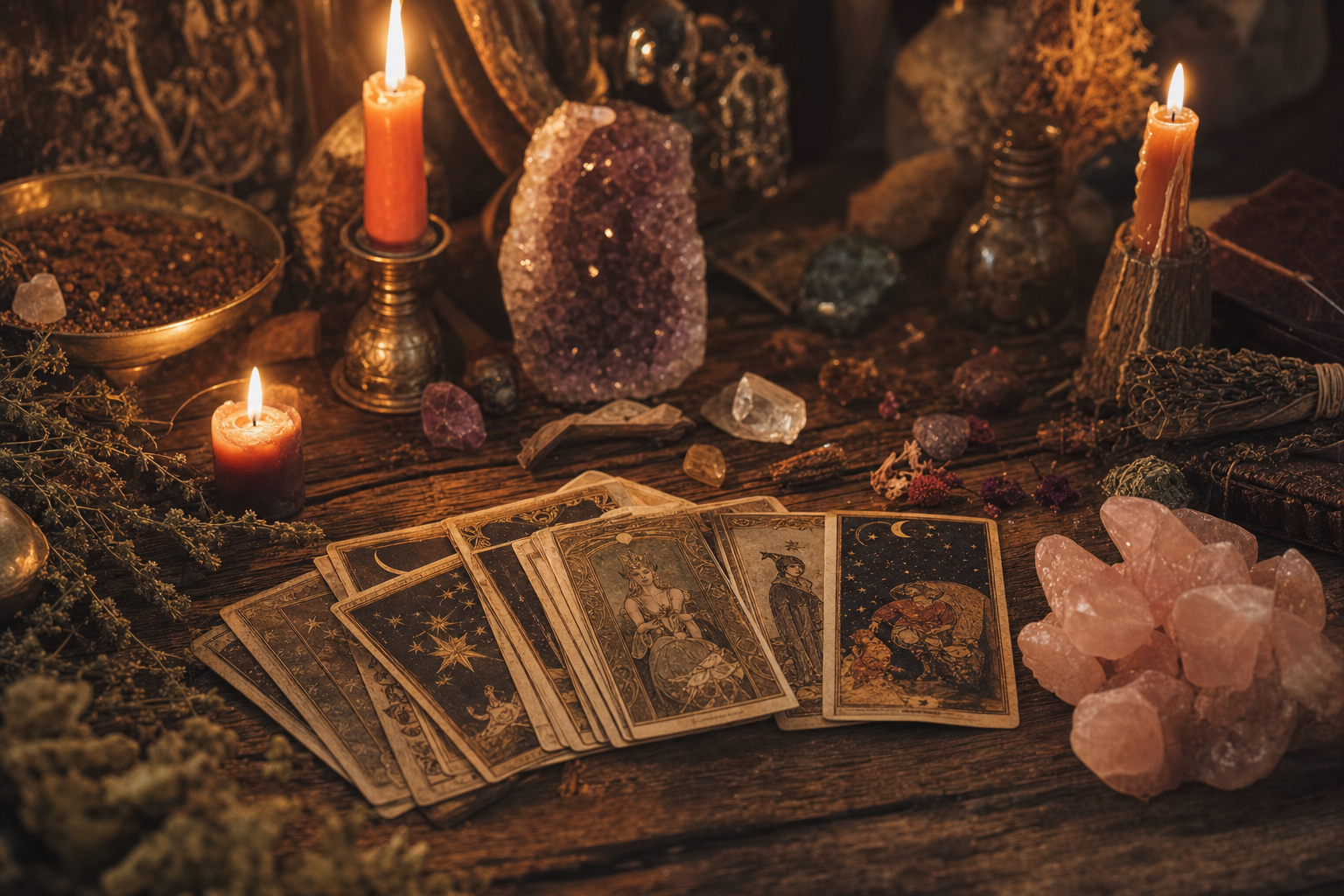 A candlelit altar with tarot cards, amethyst and rose quartz crystals, and dried herbs