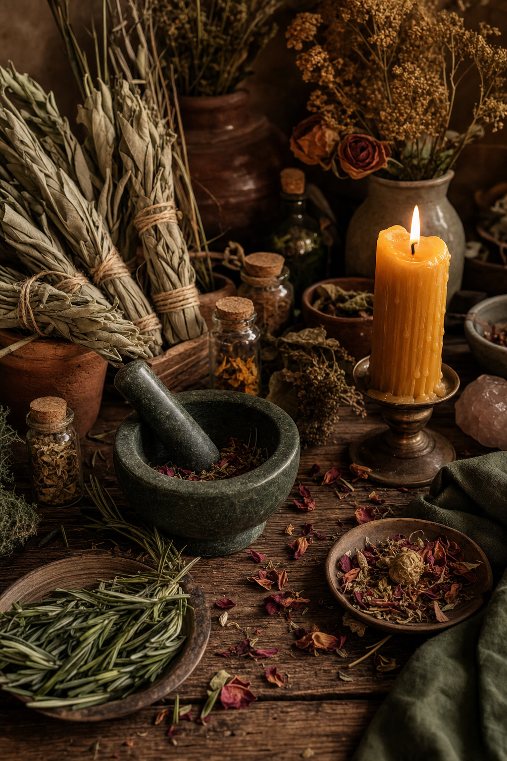 A spell-work altar with dried herbs, a mortar and pestle, and a lit beeswax candle